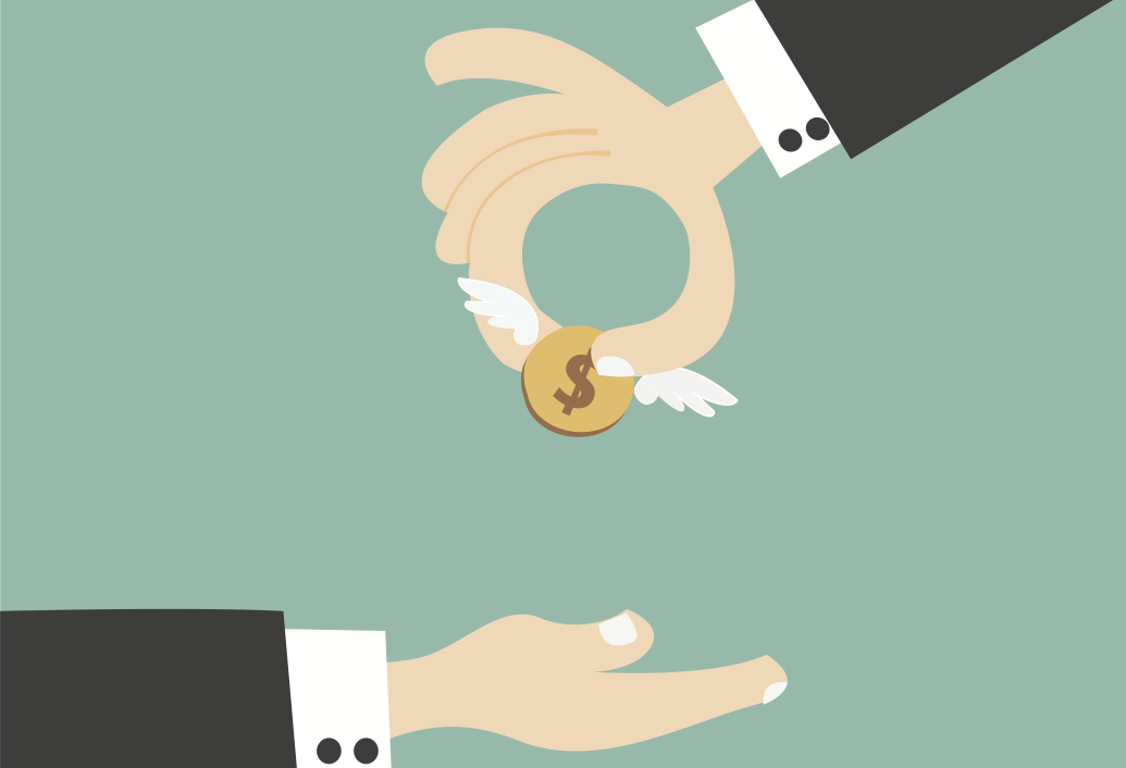 ilustração de mão entregando moeda com asinhas para uma pessoa, representando investidor anjo